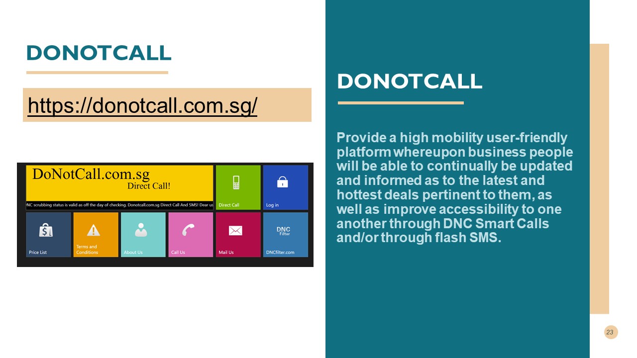 DoNotCall.com.sg Direct Call dashboard showing tiles for Direct Call, Log in, Price List, Terms and Conditions, About Us, Call Us, Mail Us and DNCfilter.com